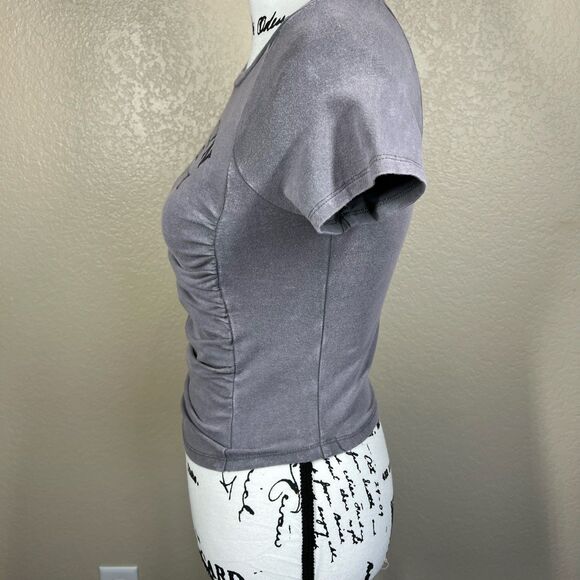Just Polly Grey Crew neck Ruched-Front Baby Tee T-Shirt size M  Brooklyn casual - Picture 11 of 11